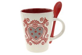 Tasse en faïence, motif cœur rouge-gris « Alsace » – 330 ml – H.10,7 cm