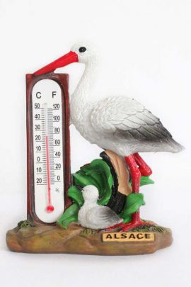 Thermomètre en résine 11 cm – Cigogne avec bébé – inscription « Alsace »