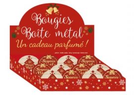 Display de 12 bougies parfumées dans boîte métal Ø 7,5 cm x H. 5 cm