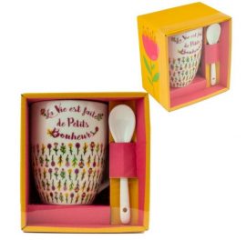 MUG EN CERAMIQUE AVEC CUILLERE « PETITS BONHEURS » Ø 8 cm – H. 10,5 cm