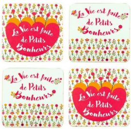 SET DE 4 SOUS VERRES EN CERAMIQUE « PETITS BONHEURS » – H.10 x 10 x P 1 cm