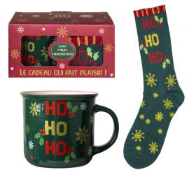 Set Mug avec chaussettes dans boîtage Noël HO HO HO 9,8 x 8,8 x 7,3 cm