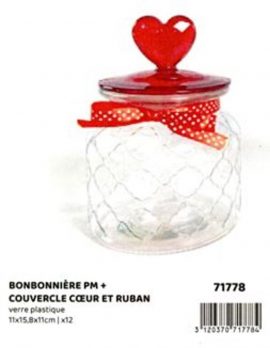 BONBONNIERE PM + COUVERCLE CŒUR ET RUBAN verre plastique 11×15,8x11cm