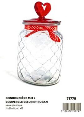 BONBONNIERE MM + COUVERCLE CŒUR ET RUBAN verre plastique 11X20X11cm