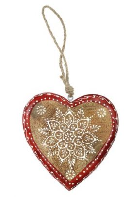 Pendentif décoratif Cœur en bois, Motif floral rouge et blanc – 12 x 25 cm