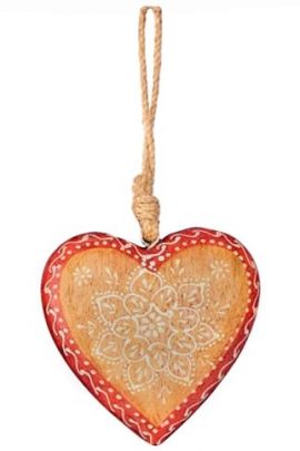 Pendentif décoratif Cœur en bois, Motif floral rouge et blanc – 10 x 20 cm