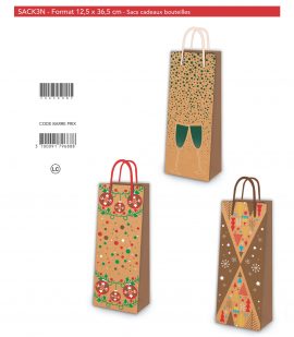 SAC KDO BOUTEILLES KRAFT Finition dorure – poignées satin assorties 12,5 x 36,5 cm – 3 modèles assortis