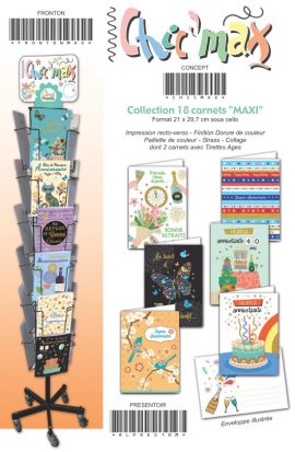 CONCEPT 18 références x 6  –  CARNETS MAXI CARTE CHICMAX A4 + PRESENTOIR + FRONTON