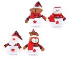 Pot  Ø 9cm  +  Couvercle Personnage Noël – Plastique et polyester –  8 x 16 x 8 cm – 4 modèles assortis