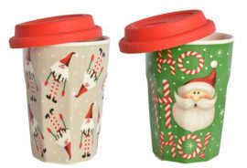 Coffret cadeau Gobelet céramique avec couvercle  Ø 8 cm  x  H 11,4 cm – 2 modèles assortis