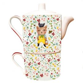 Petite Théière solitaire en porcelaine avec tasse assortie « Country Cat » H 16,5 x L 14,5 x P 14 cm