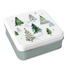 BOITE METALLIQUE 10x10x3,5 cm – SAPINS ENNEIGES