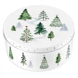 BOÎTE A GÂTEAUX METALLIQUE – Ø 19 cm, H.8 cm – SAPINS ENNEIGES