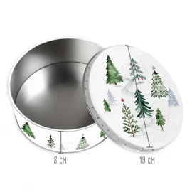 BOÎTE A GÂTEAUX METALLIQUE – Ø 19 cm, H.8 cm – SAPINS ENNEIGES