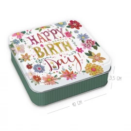 BOITE METALLIQUE 10x10x3,5 cm – HAPPY BIRTHDAY