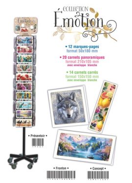 COLLECTION EMOTION – MARQUES PAGES + CARNETS DOUBLES + PRESENTOIR METAL 46 CASES + FRONTON