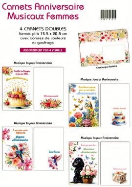 CARNETS ANNIVERSAIRES MUSICAUX FEMMES 15,5 x 22,5 cm avec dorures de couleurs et gaufrage