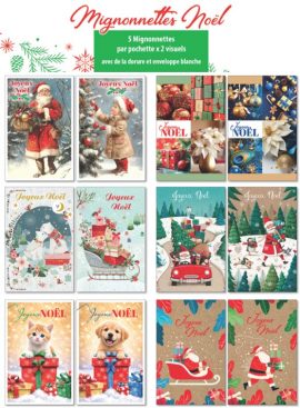 MIGNONNETTES JOYEUX NOËL + DORURES + ENVELOPPES BLANCHE (5 Mignonnettes par pochette x2 visuels)
