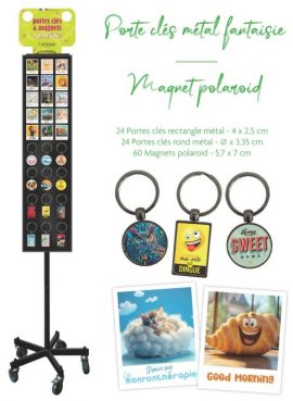 COLLECTION PORTE-CLES & MAGNETS POLAROID + PRESENTOIR METAL 108 CASES + FRONTON