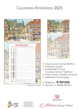 CALENDRIER EPHEMERIDE 2025 l’Alsace de Georges RATKOFF – 22.0 x 49.0 cm – 12 mois