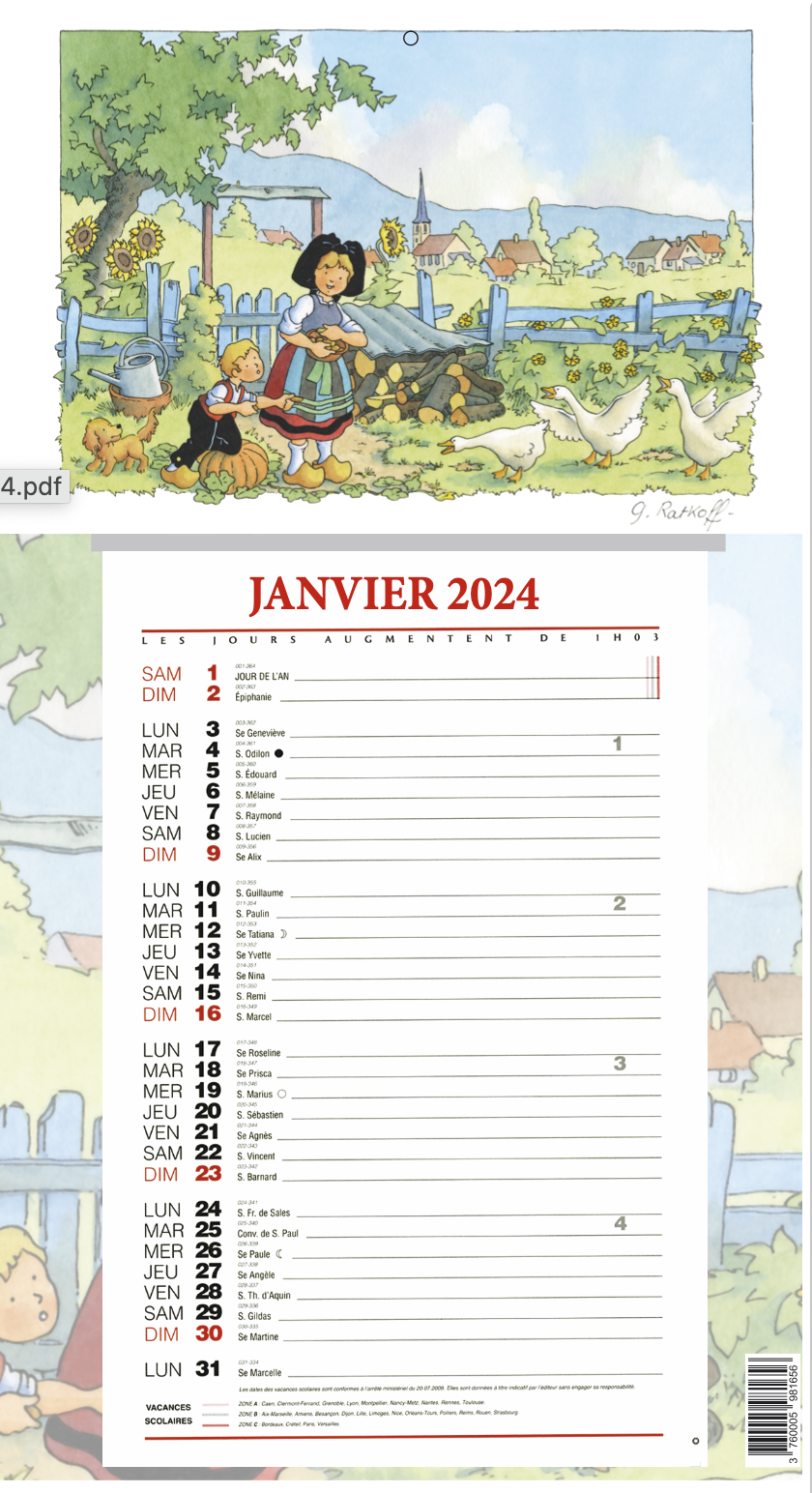 CALENDRIER EPHEMERIDE 2024 l'Alsace de Georges RATKOFF - 22.0 x