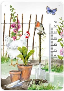 Thermomètre fixé sur plaque en tôle gaufrée L.14,8 cm x H. 21 cm x 0,5 cm – Jardin